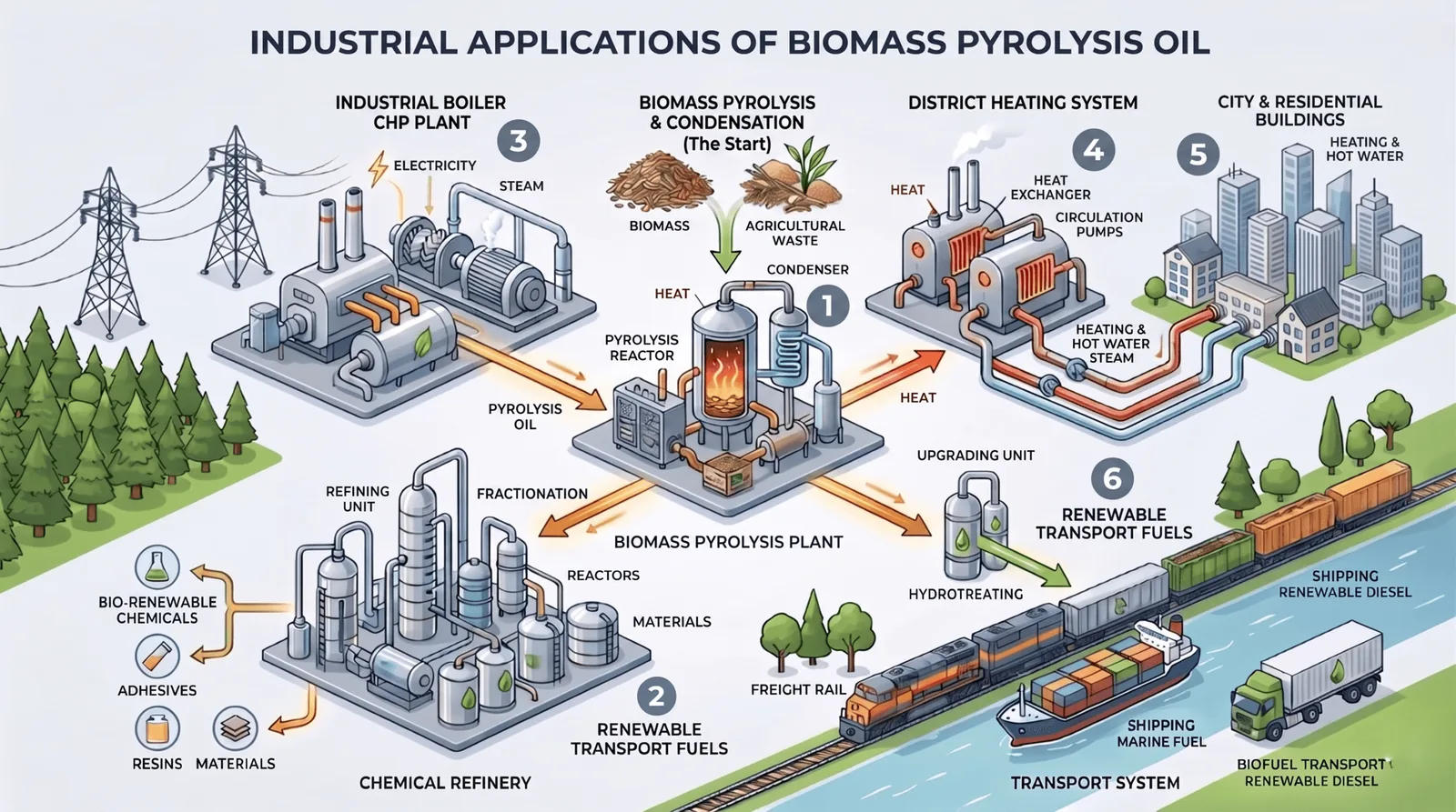 Infographic of biomass pyrolysis oil applications in Malaysia.